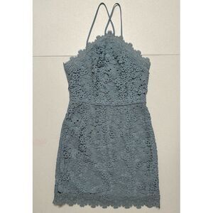 JOA Floral Lace Halter Fitted Sheath Bodycon Mini Dress Dusty Shale Blue Lined S